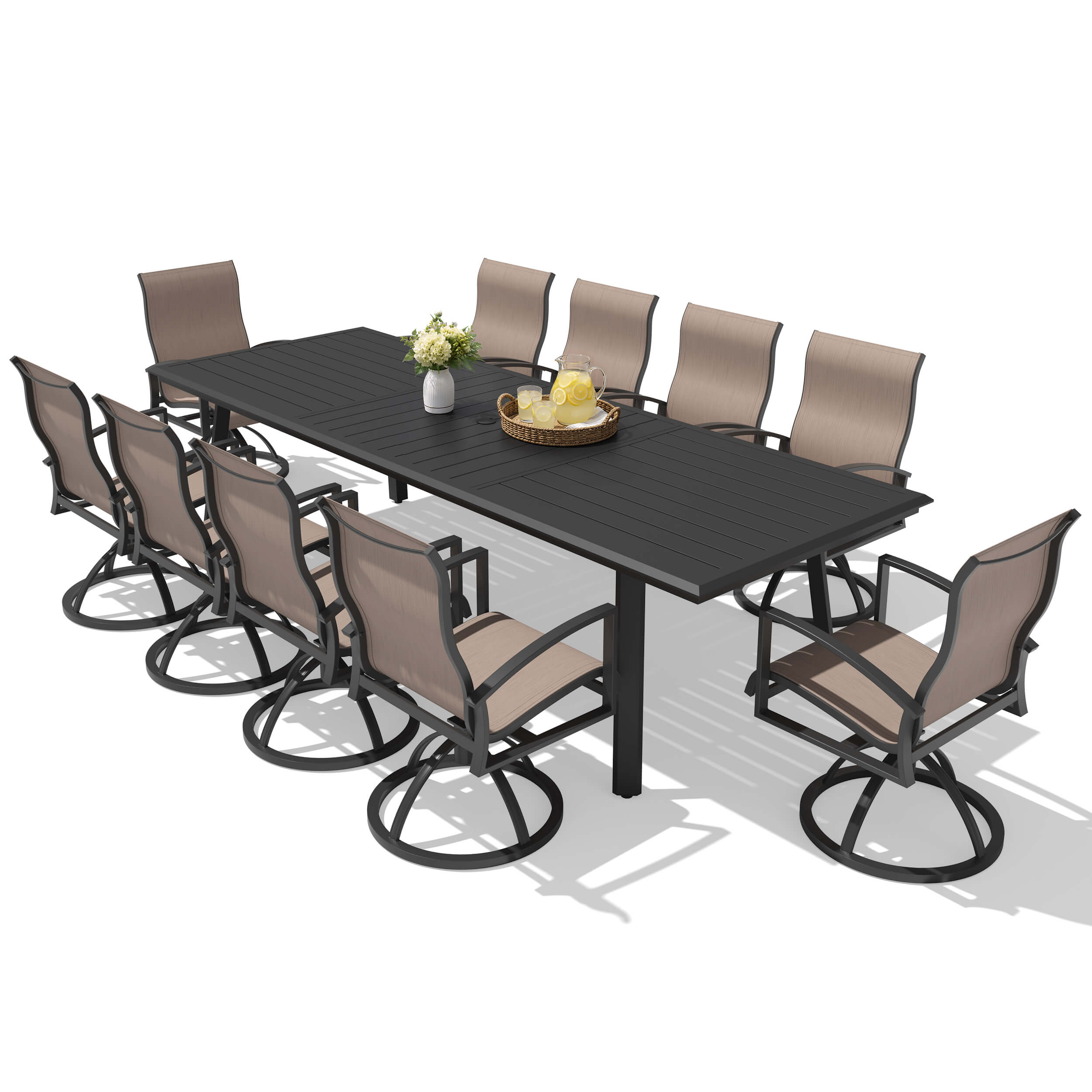 11-piece patio dining set with aluminum expandable table and 10 Sunbrella swivel rockers.