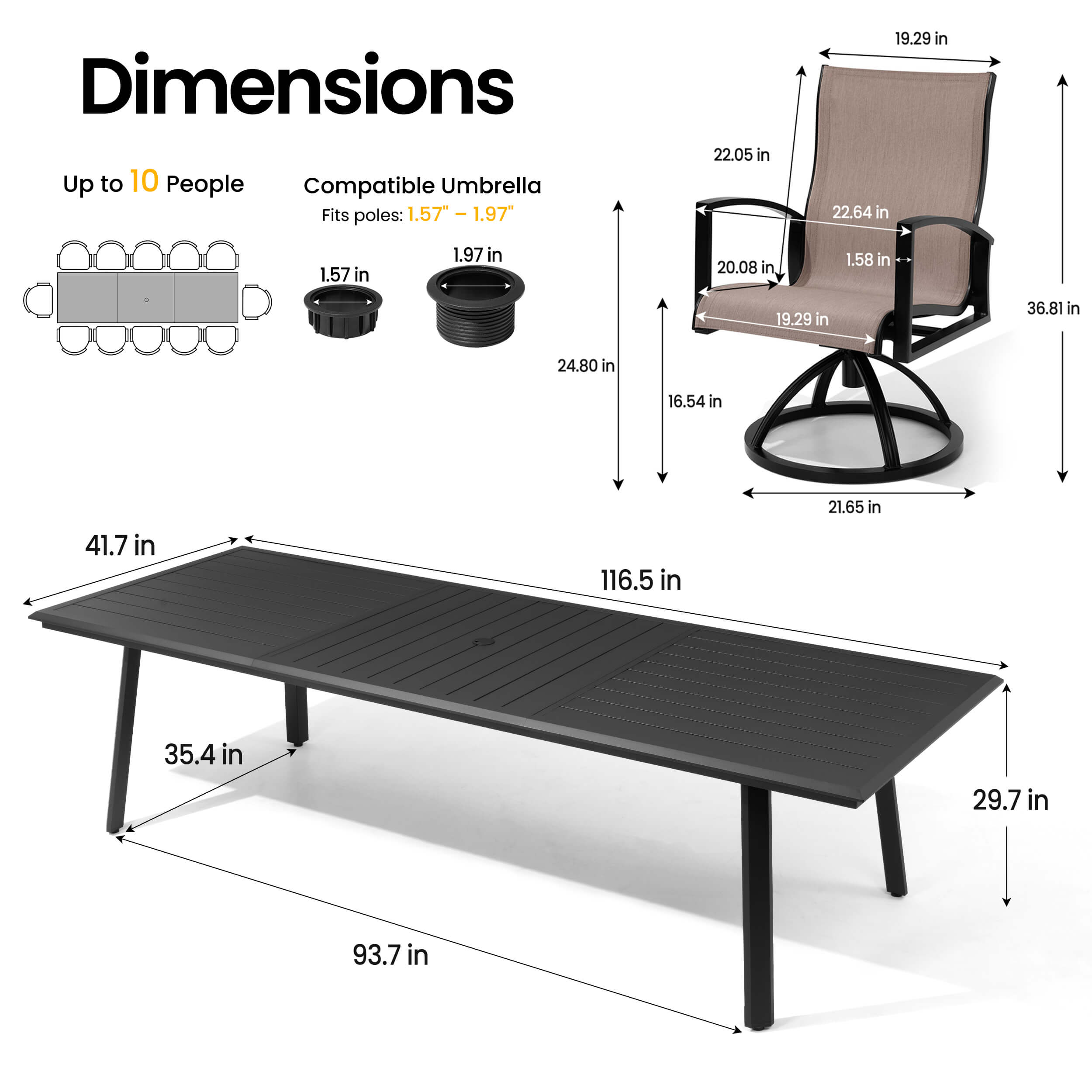 Dimensions of 116.5" patio dining table with umbrella hole and Sunbrella swivel rocker chair.