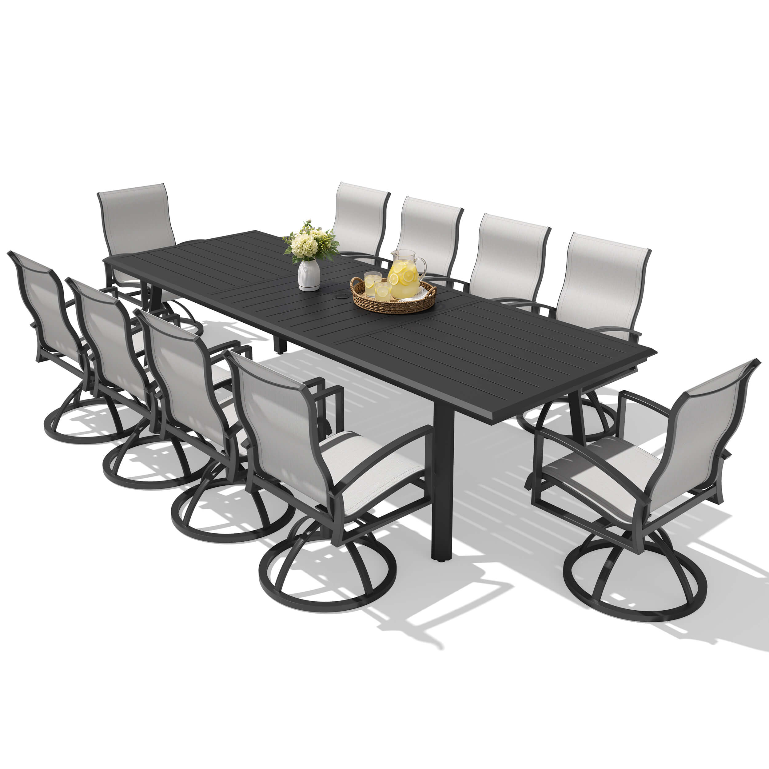11-piece patio dining set with aluminum expandable table and 10 Sunbrella swivel rockers.
