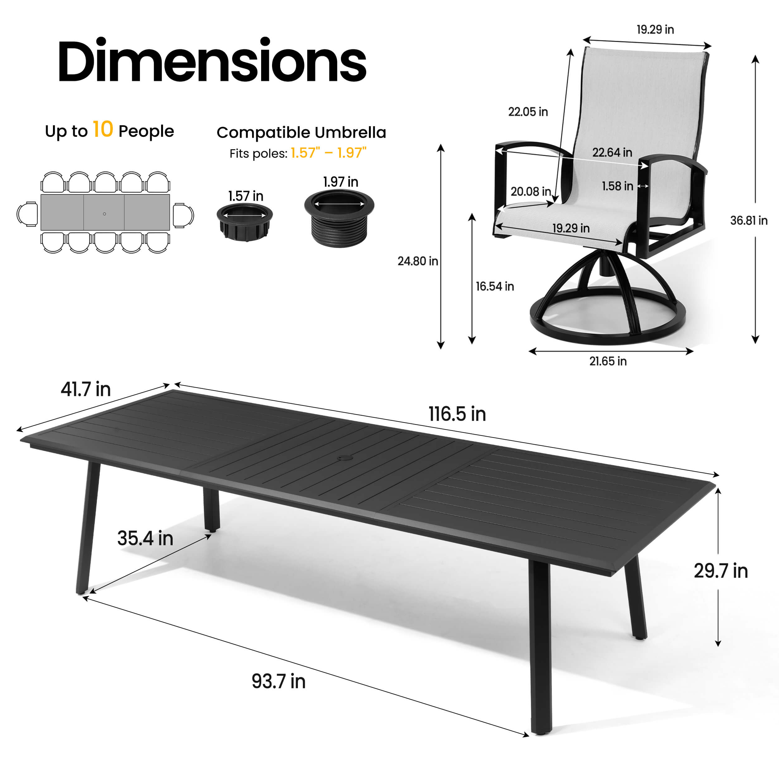 Dimensions of 116.5" patio dining table with umbrella hole and Sunbrella swivel rocker chair.