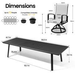 Dimensions of 116.5" patio dining table with umbrella hole and Sunbrella swivel rocker chair.