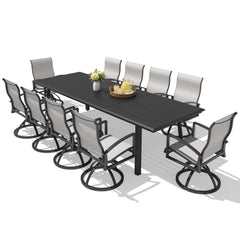 11-piece patio dining set with aluminum expandable table and 10 Sunbrella swivel rockers.