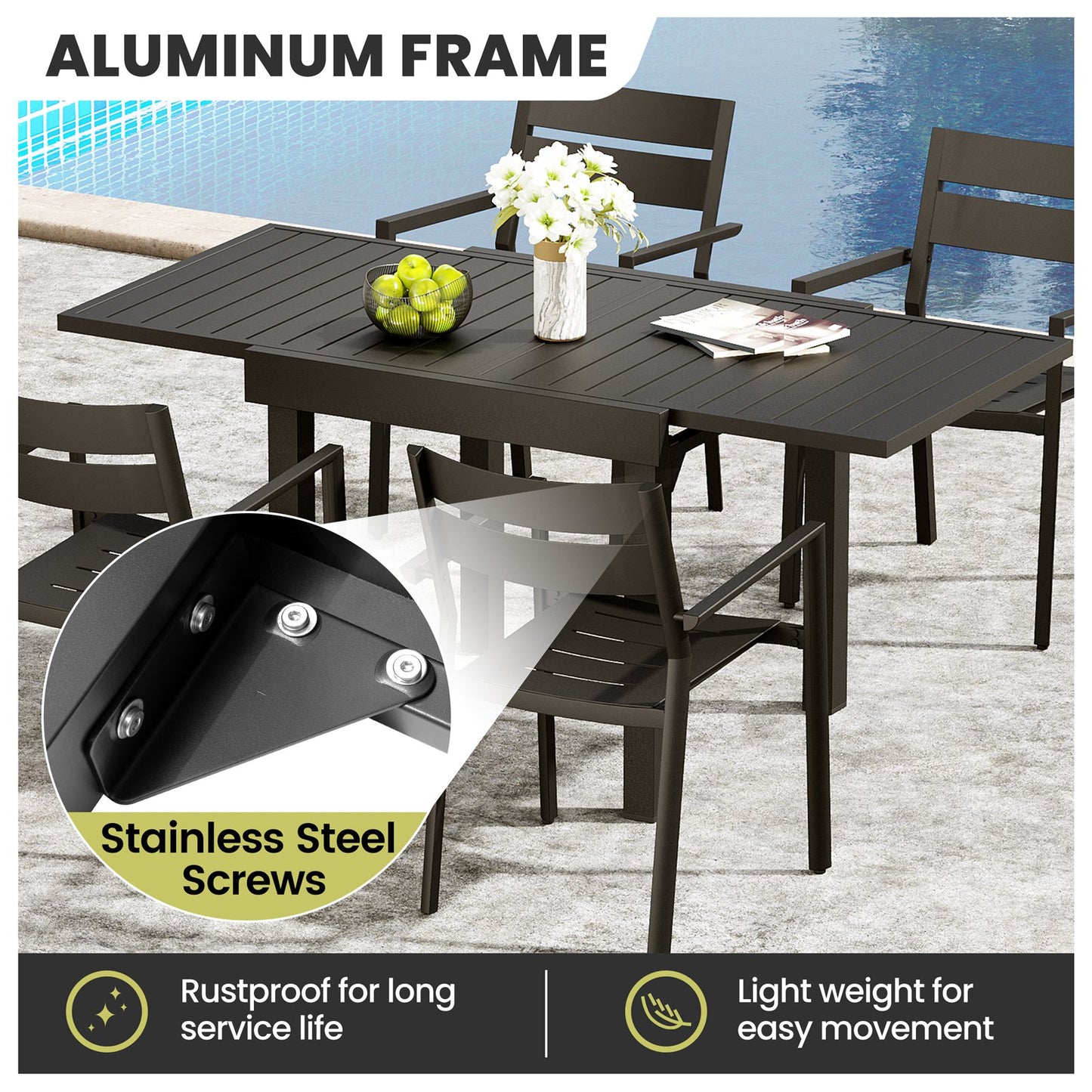 Crestlive Products Modern Aluminum Outdoor Dining Set with Expandable Patio Table and Arm Chairs