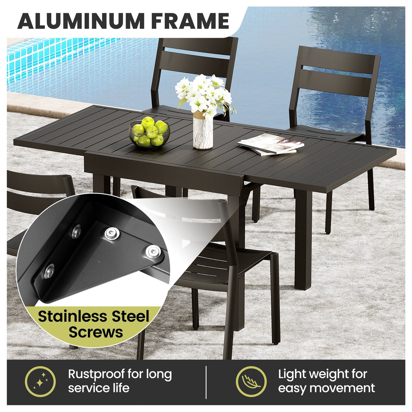 Crestlive Products Black Aluminum Expandable Patio Dining Table with Stackable Chairs