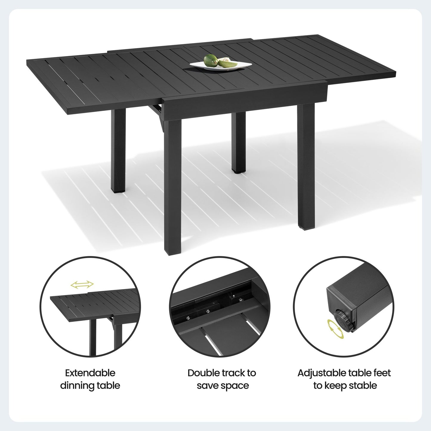 Crestlive Products Black Aluminum Expandable Patio Dining Table with Stackable Chairs