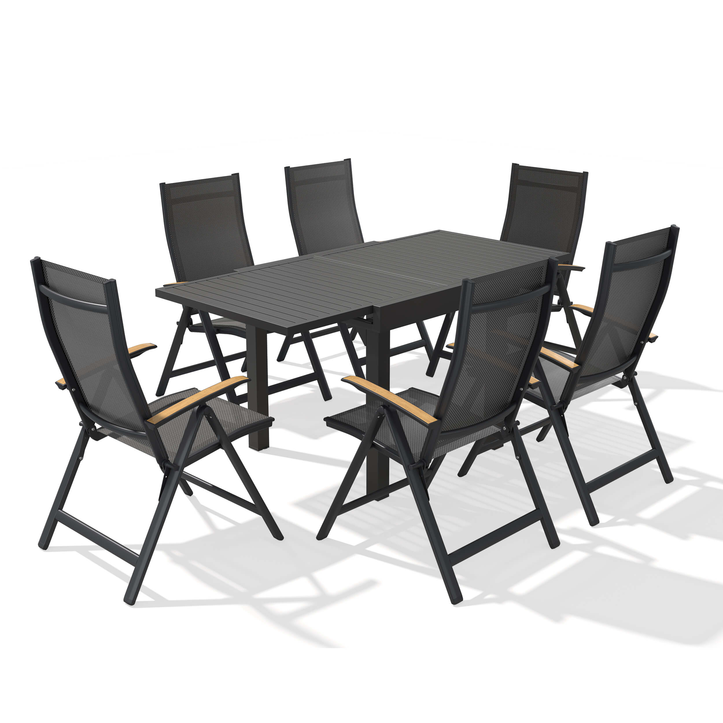 9-piece expandable patio dining set with aluminum slatted table and 8 folding Textilene chairs with teak armrests.