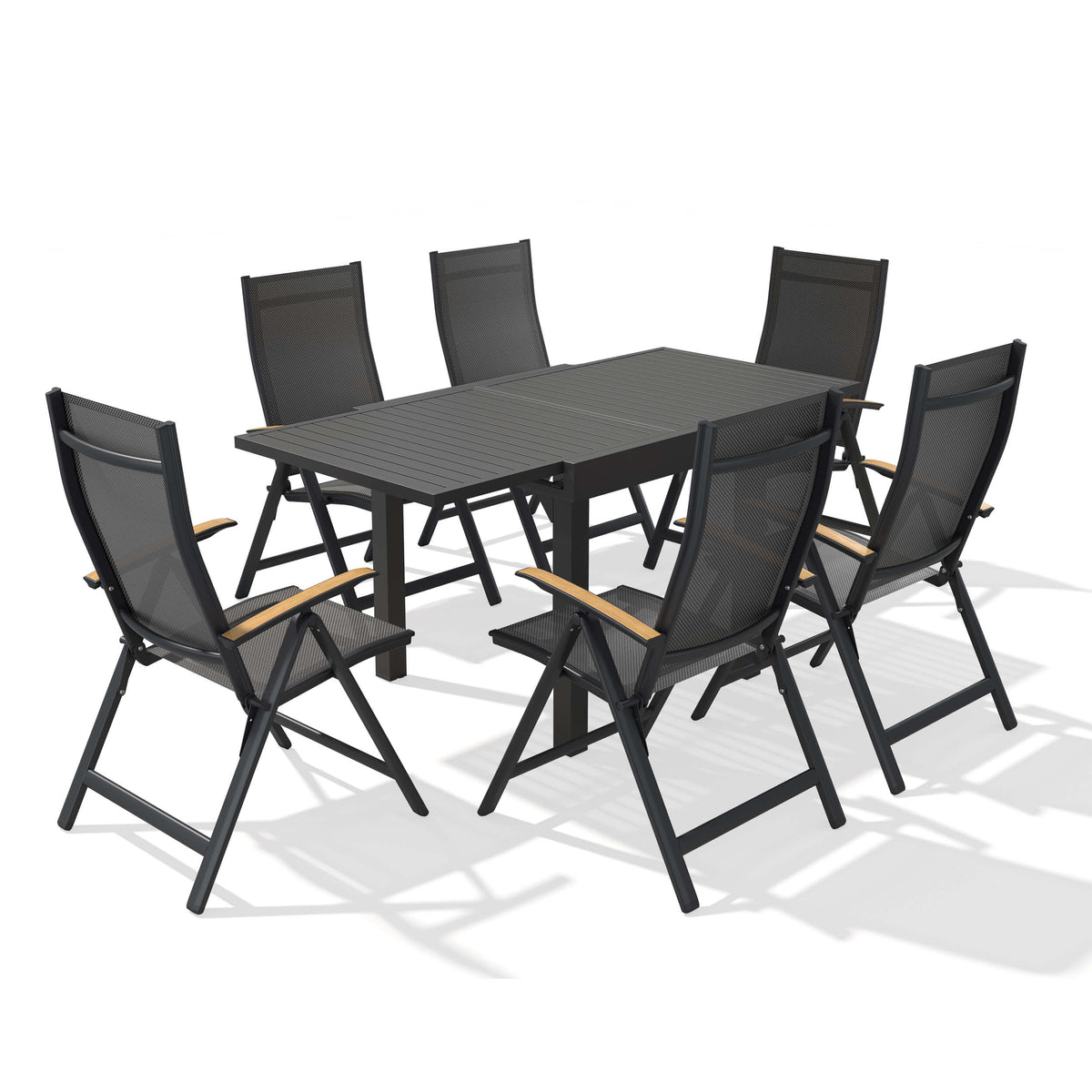 9-piece expandable patio dining set with aluminum slatted table and 8 folding Textilene chairs with teak armrests.