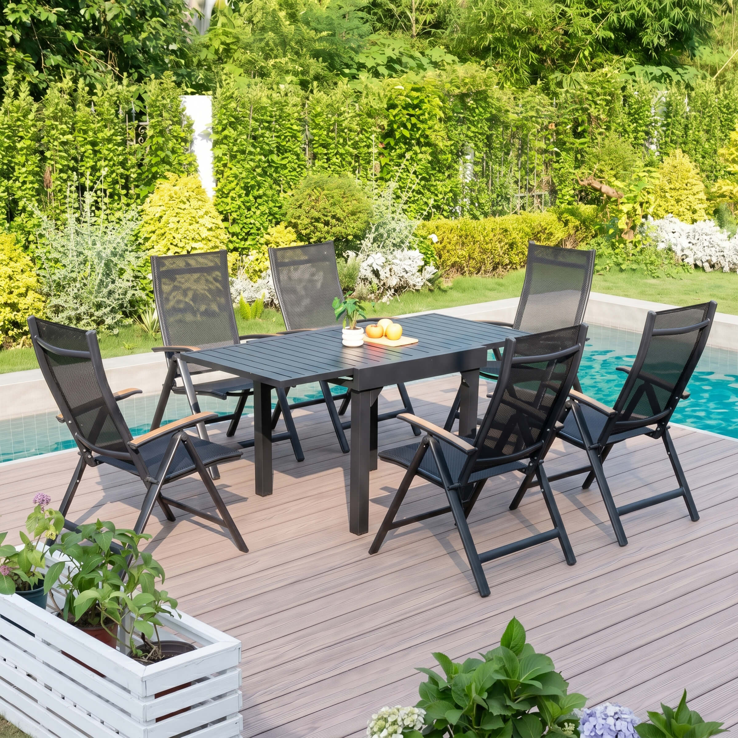 7-piece expandable patio dining set with aluminum slatted table and 6 folding Textilene chairs poolside.