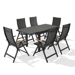 9-piece expandable patio dining set with aluminum slatted table and 8 folding Textilene chairs with teak armrests.