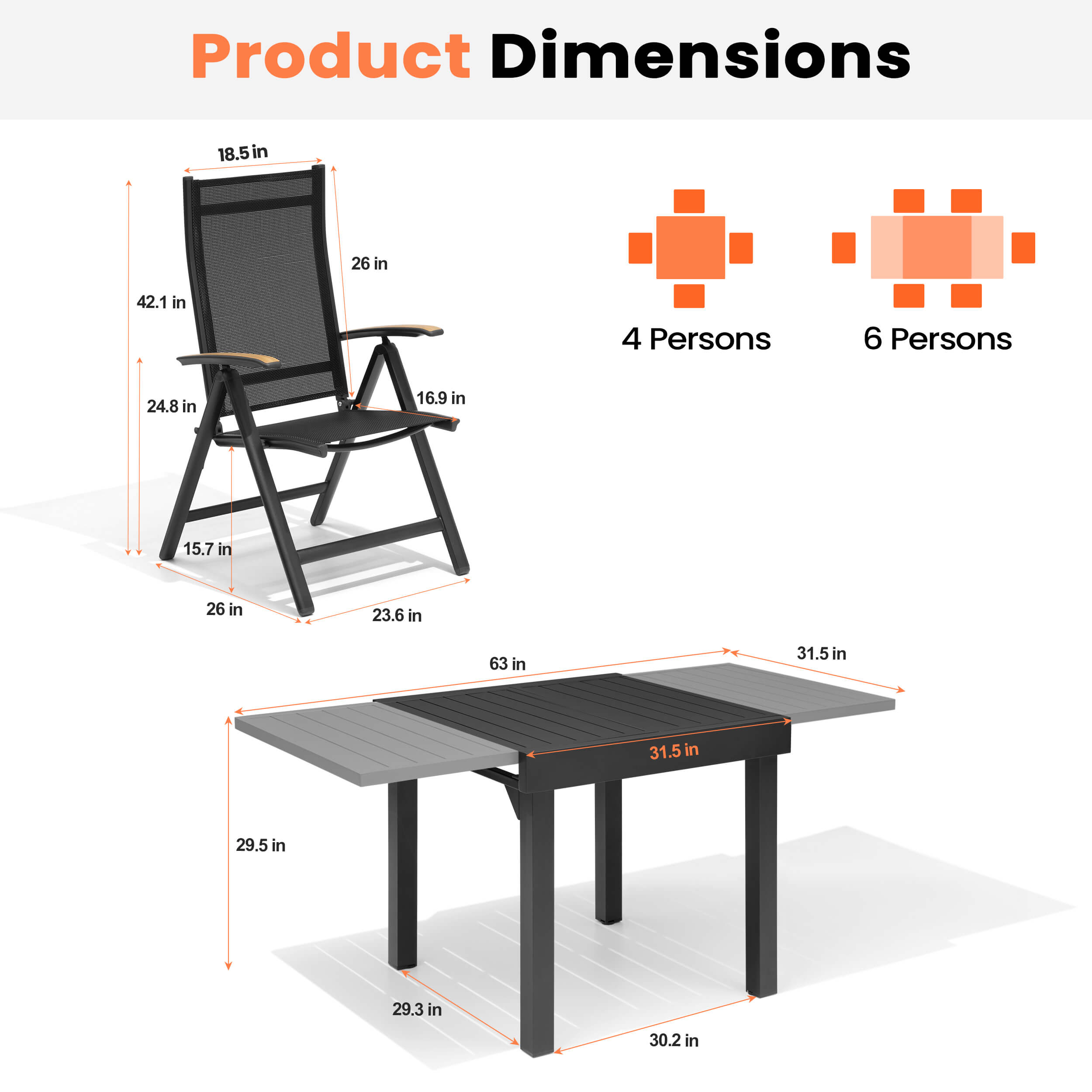 Dimensions of 4-6 person patio dining set with 31.5"-63" expandable aluminum table and folding chair.