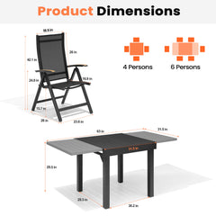Dimensions of 4-6 person patio dining set with 31.5"-63" expandable aluminum table and folding chair.