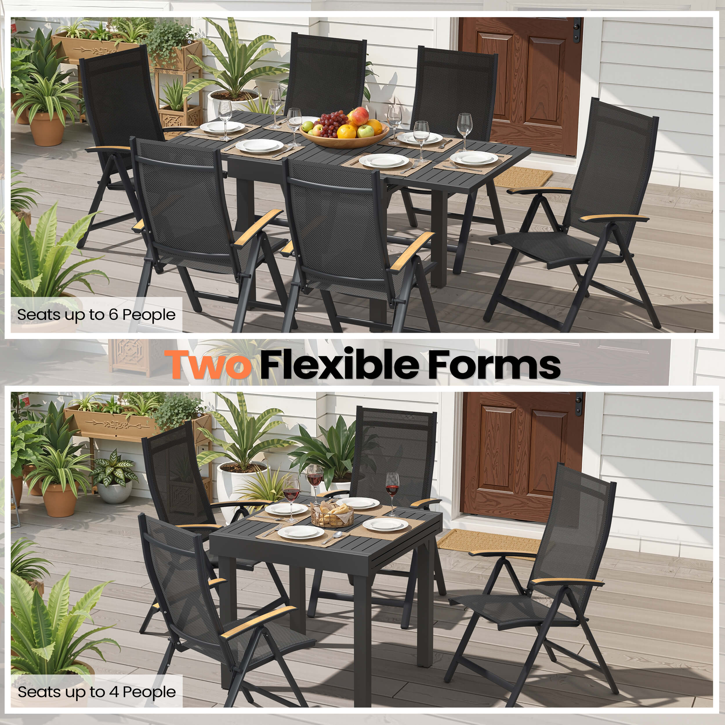 Expandable patio dining set showing two flexible forms seating 4 to 6 people on outdoor deck.