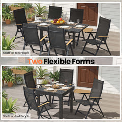 Expandable patio dining set showing two flexible forms seating 4 to 6 people on outdoor deck.