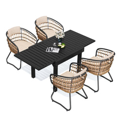 5-piece expandable patio dining set with black aluminum table and 4 handwoven PE rattan chairs.