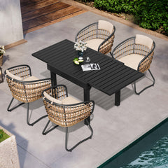 5-piece expandable patio dining set with black aluminum table and 4 PE rattan chairs poolside.