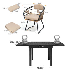 Dimensions of 63" expandable patio dining table and PE rattan chair with cushions.
