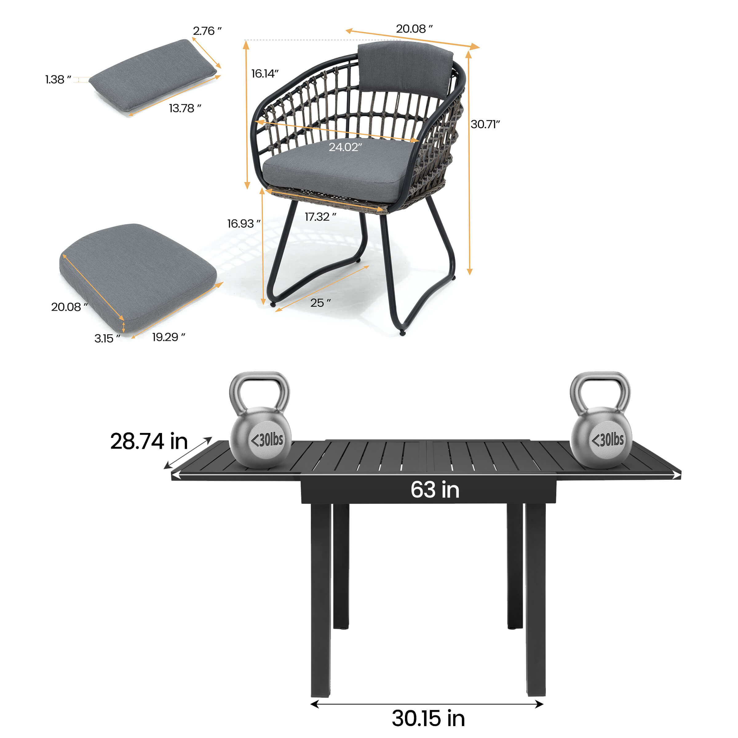 Dimensions of 63" expandable patio dining table and PE rattan chair with grey cushions.