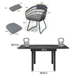 Dimensions of 63" expandable patio dining table and PE rattan chair with grey cushions.