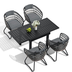 Expandable Aluminum Dining Set with PE Rattan Chairs & Cushions