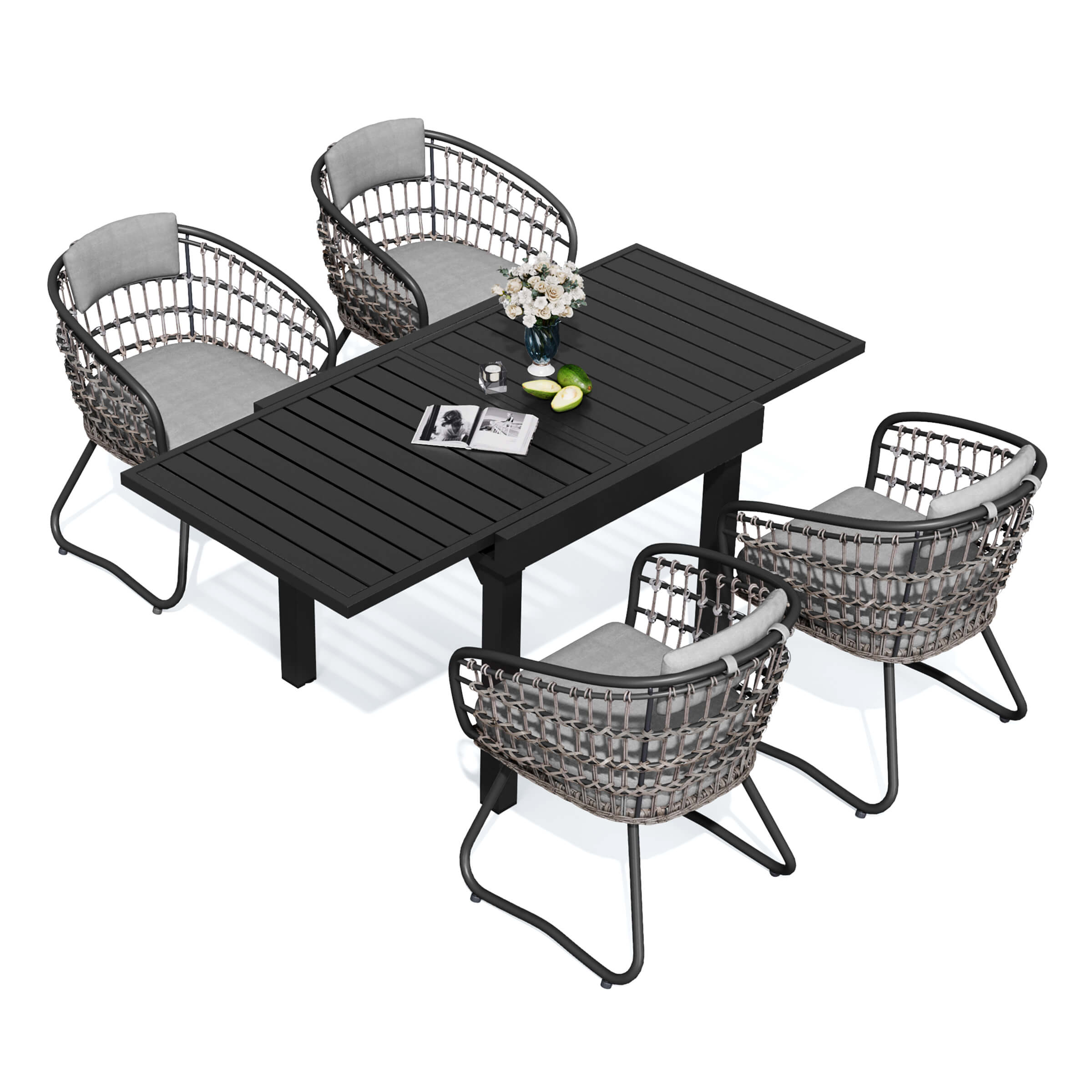 5-piece expandable patio dining set with black aluminum table and 4 PE rattan chairs with grey cushions.