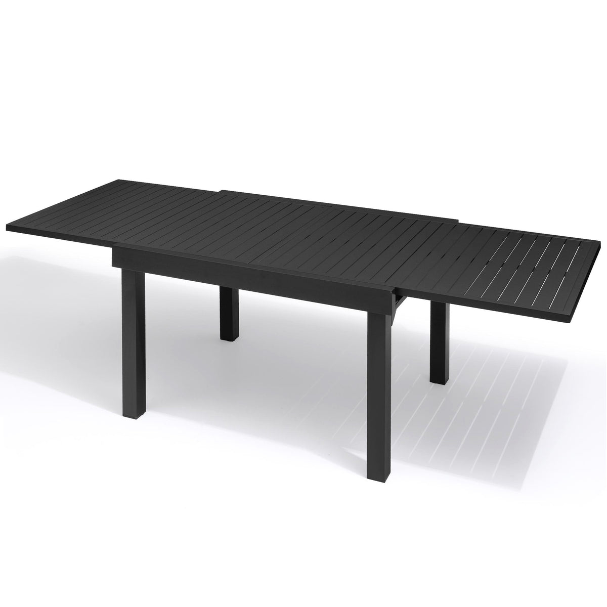Fully extended black aluminum outdoor dining table with modern slatted top.