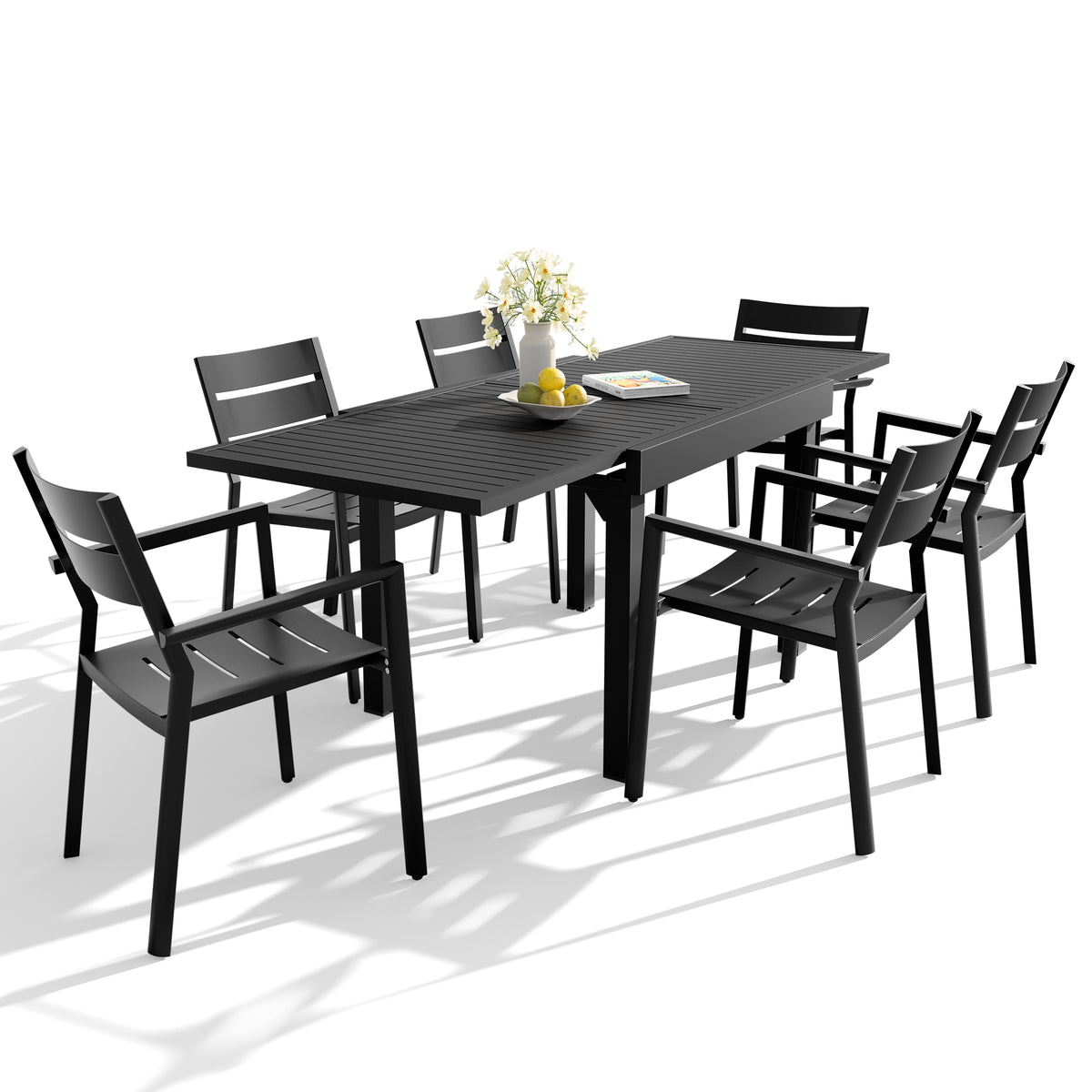 Expandable black aluminum outdoor patio dining set with extended slatted table and 6 chairs.