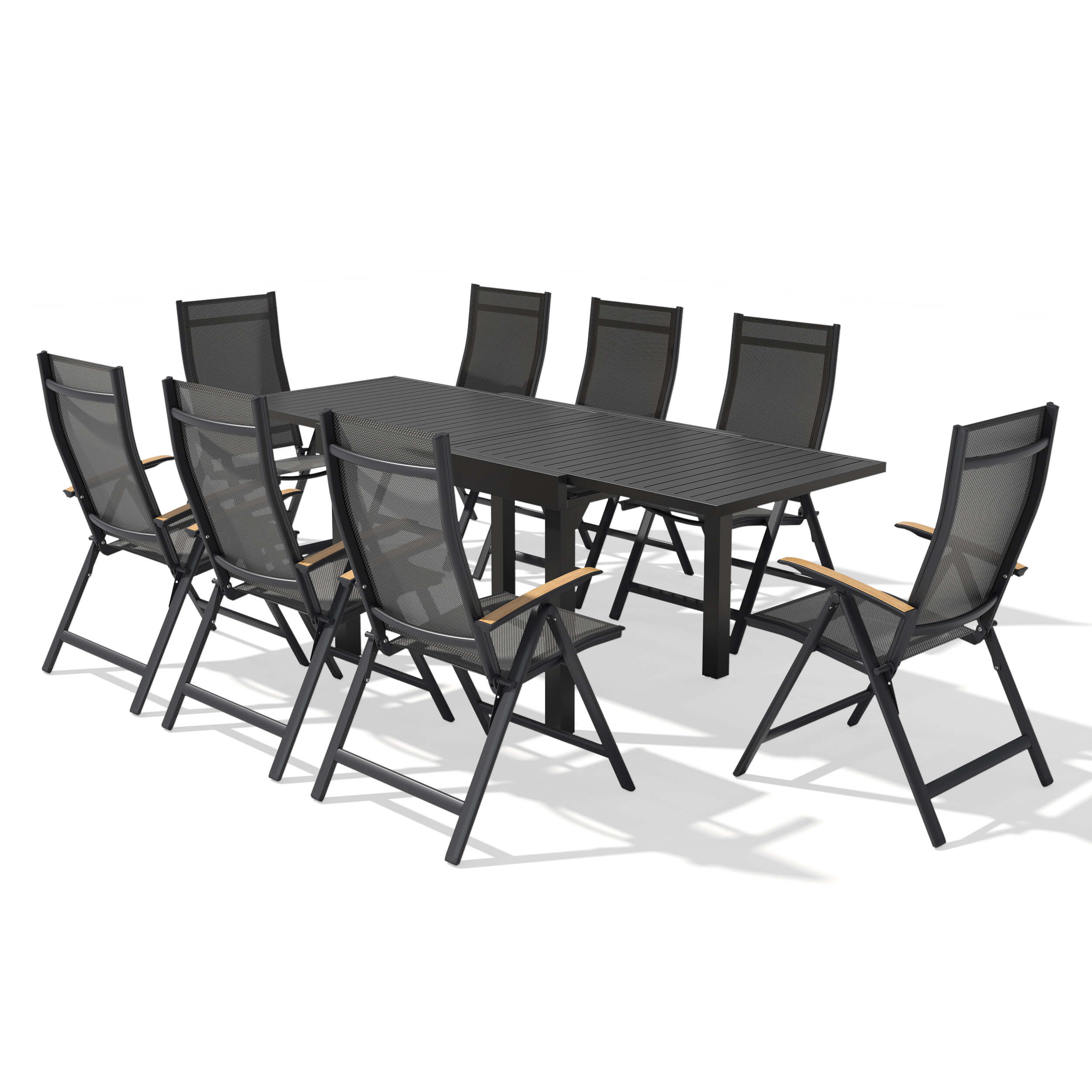 9-piece expandable patio dining set with aluminum table and 8 folding Textilene chairs with teak armrests.