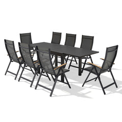 9-piece expandable patio dining set with aluminum table and 8 folding Textilene chairs with teak armrests.