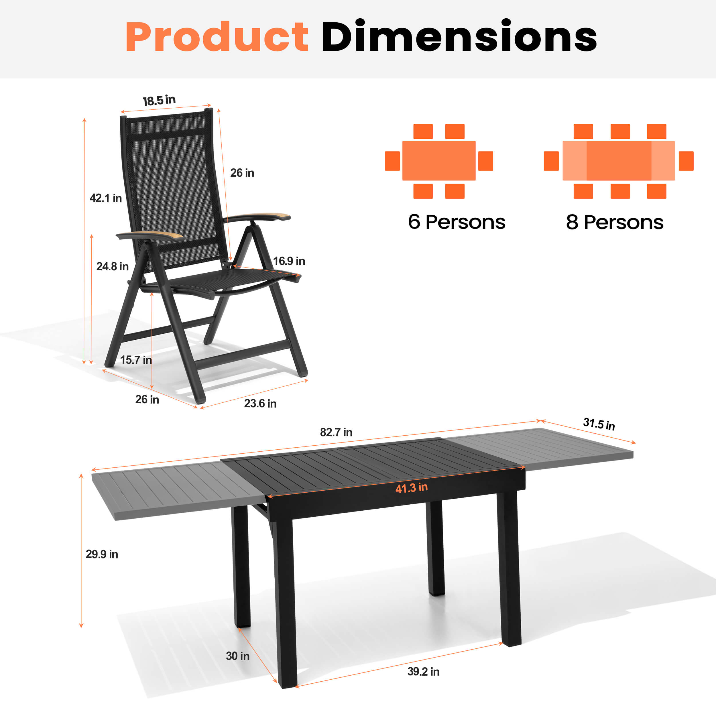 Dimensions of 6-8 person patio dining set with 41.3"-82.7" expandable aluminum table and folding chair.