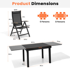 Dimensions of 6-8 person patio dining set with 41.3"-82.7" expandable aluminum table and folding chair.