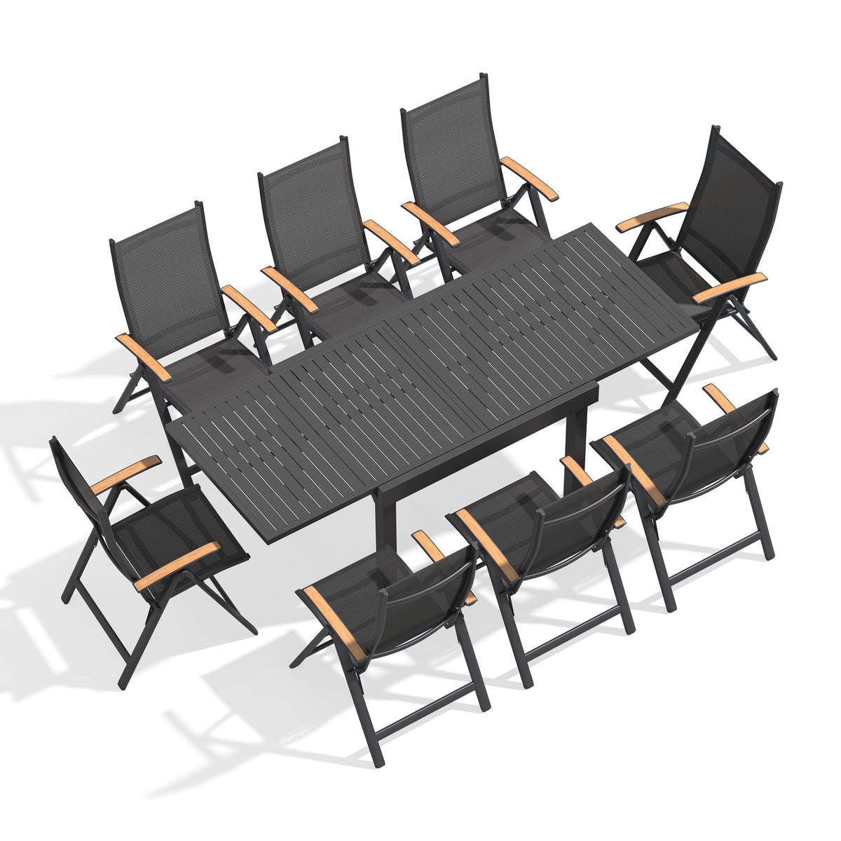 Expandable Aluminum Dining Set with Textilene & Teak Chairs