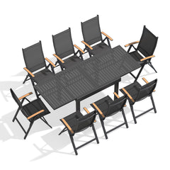Expandable Aluminum Dining Set with Textilene & Teak Chairs