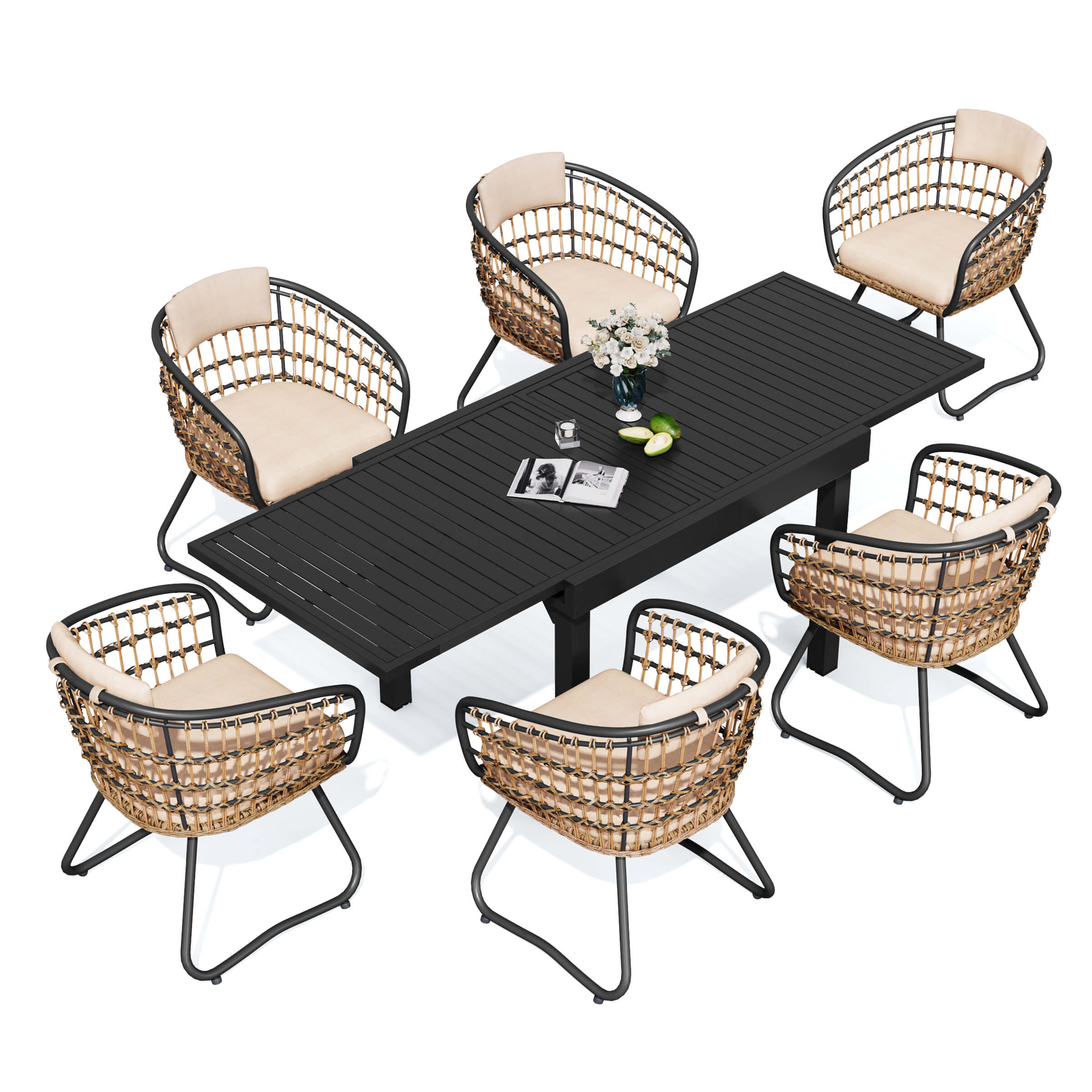 7-piece expandable patio dining set with black aluminum table and 6 handwoven PE rattan chairs.