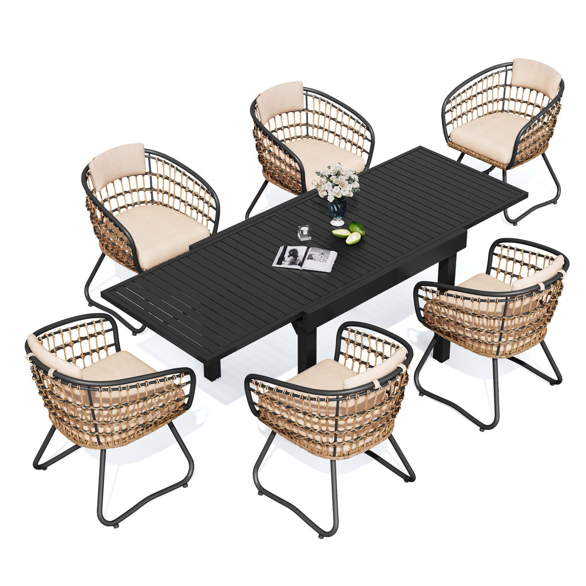 7-piece expandable patio dining set with black aluminum table and 6 handwoven PE rattan chairs.