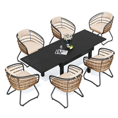 7-piece expandable patio dining set with black aluminum table and 6 handwoven PE rattan chairs.