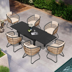 7-piece expandable patio dining set with black aluminum table and 6 PE rattan chairs poolside.