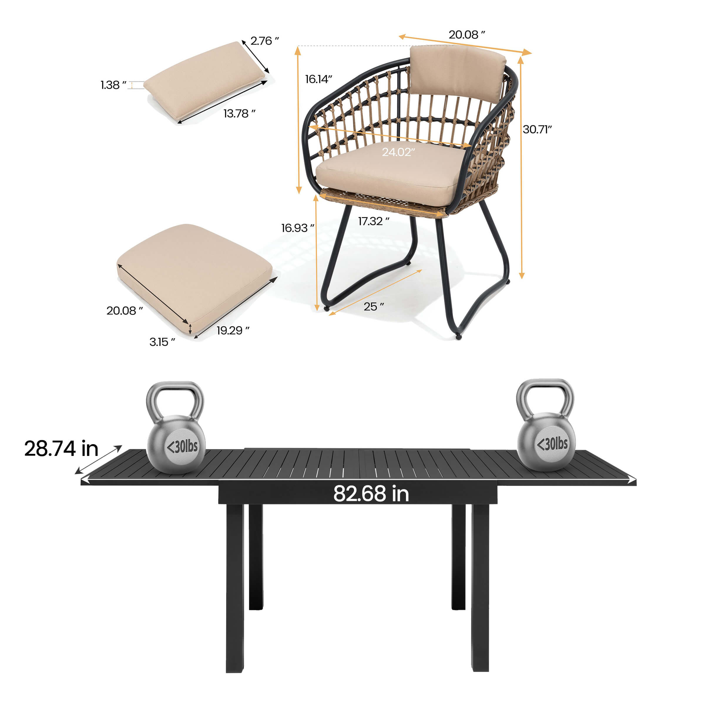Dimensions of 83" expandable patio dining table and PE rattan chair with cushions.