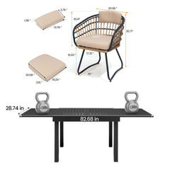 Dimensions of 83" expandable patio dining table and PE rattan chair with cushions.