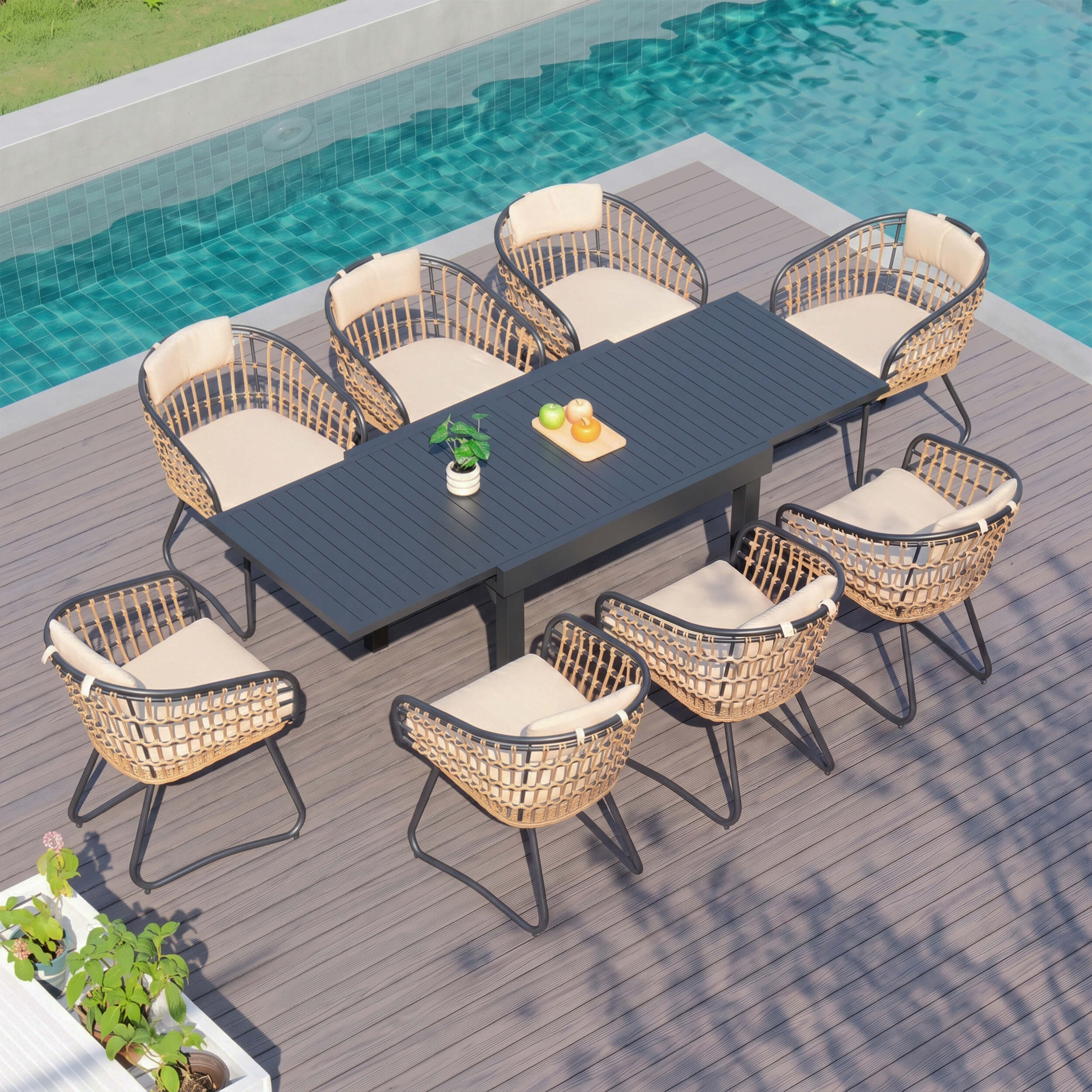 9-piece expandable patio dining set with black aluminum table and 8 PE rattan chairs poolside.