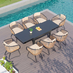 9-piece expandable patio dining set with black aluminum table and 8 PE rattan chairs poolside.