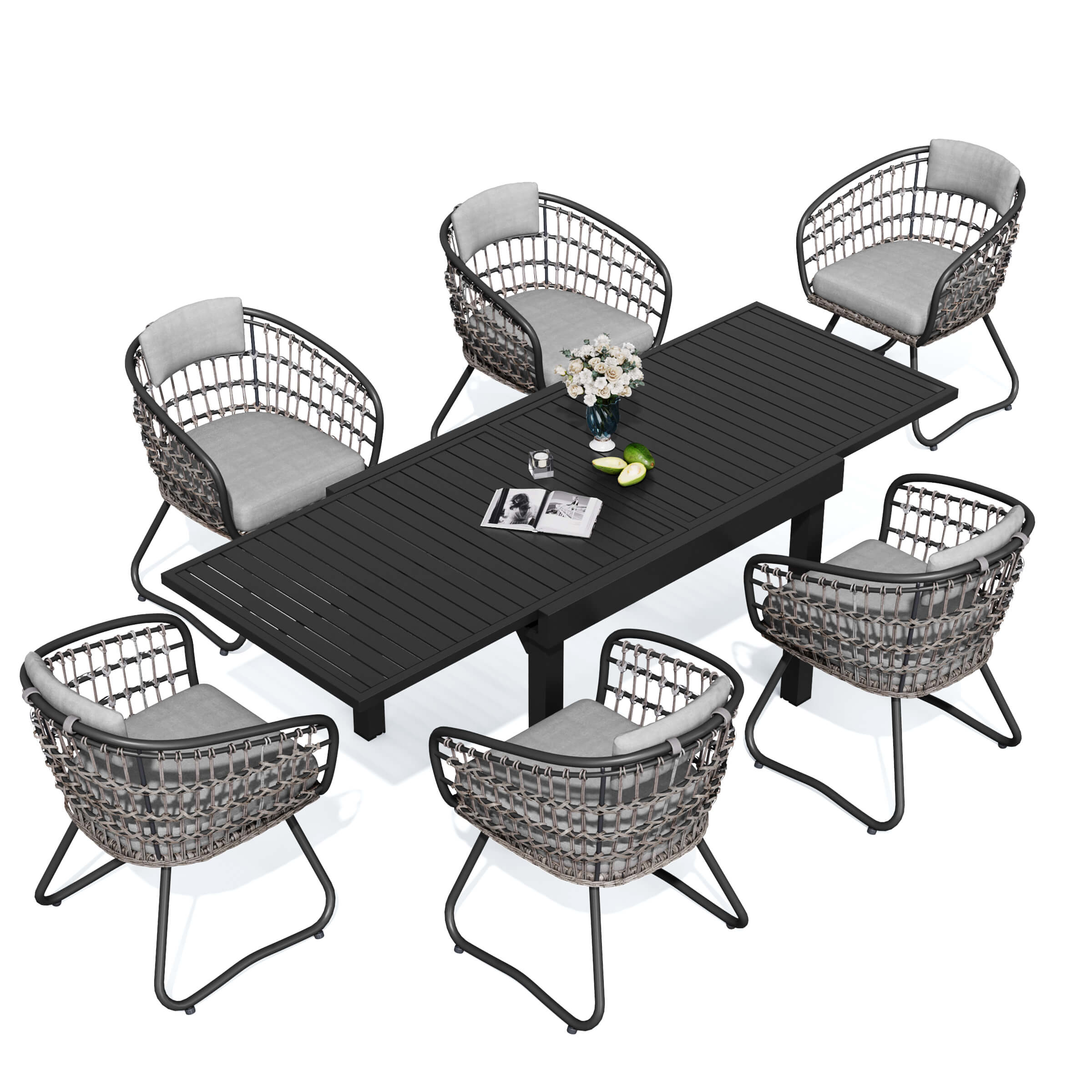 7-piece expandable patio dining set with black aluminum table and 6 grey PE rattan chairs.