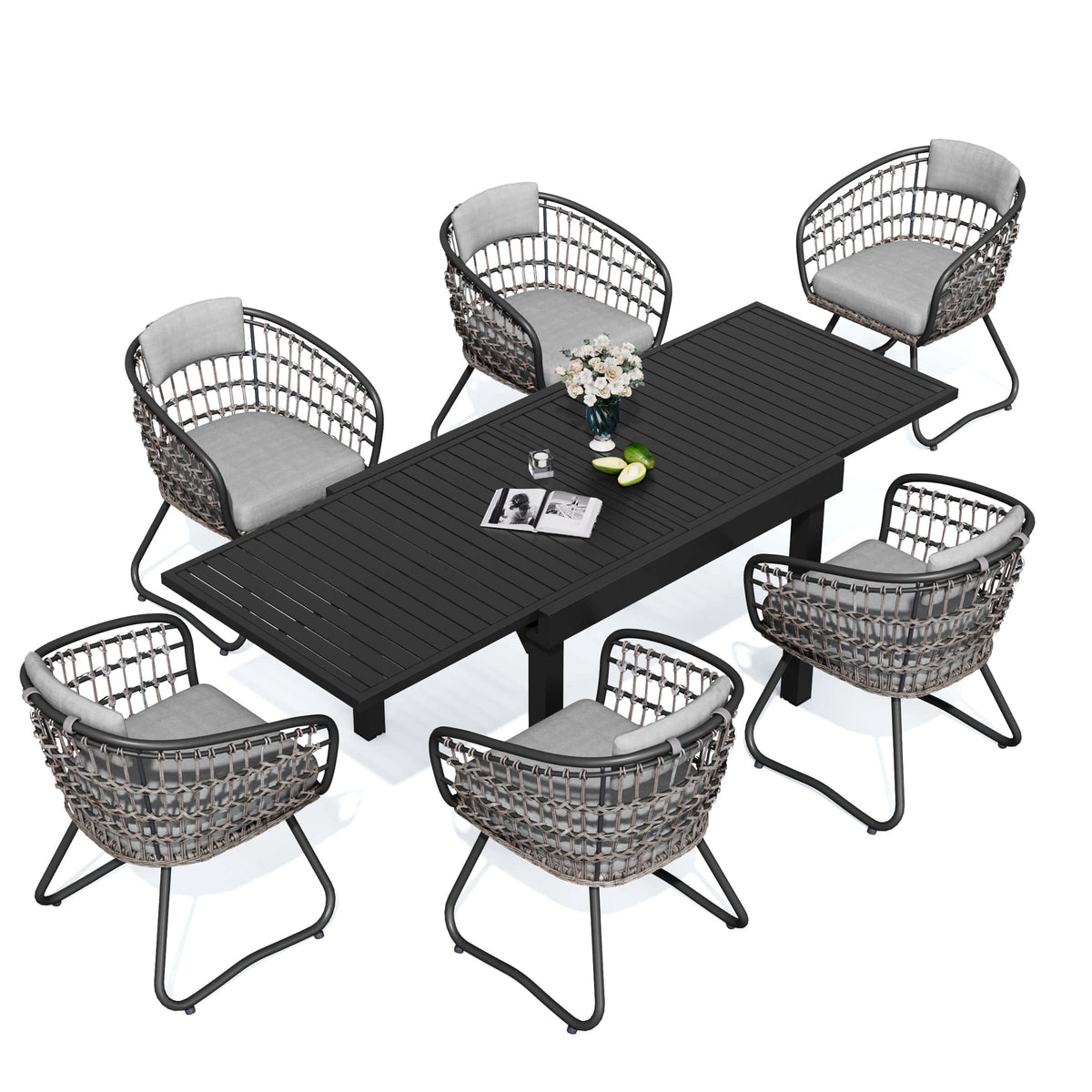 7-piece expandable patio dining set with black aluminum table and 6 grey PE rattan chairs.