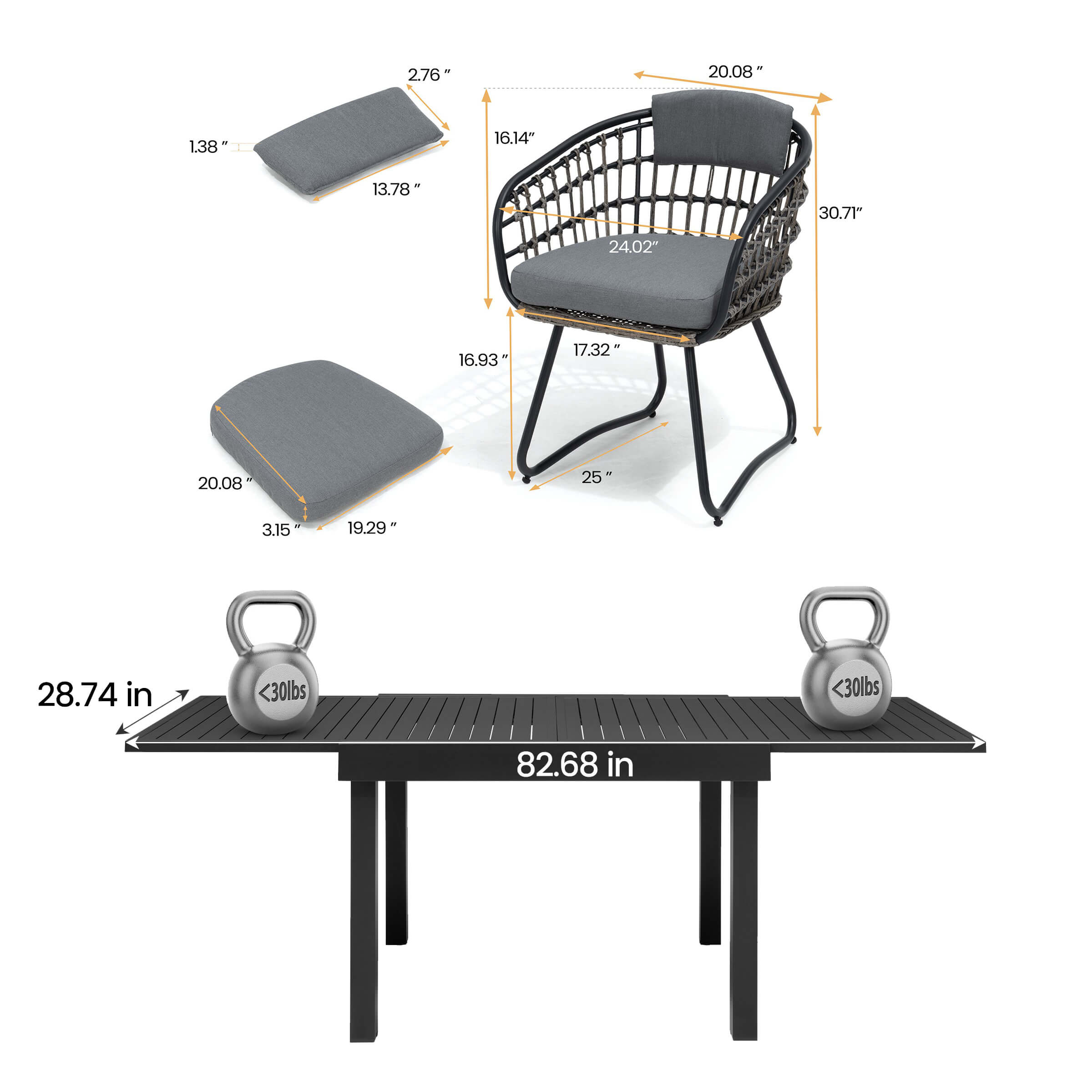 Dimensions of 83" expandable patio dining table and PE rattan chair with grey cushions.