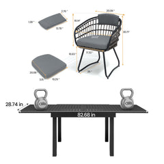 Dimensions of 83" expandable patio dining table and PE rattan chair with grey cushions.