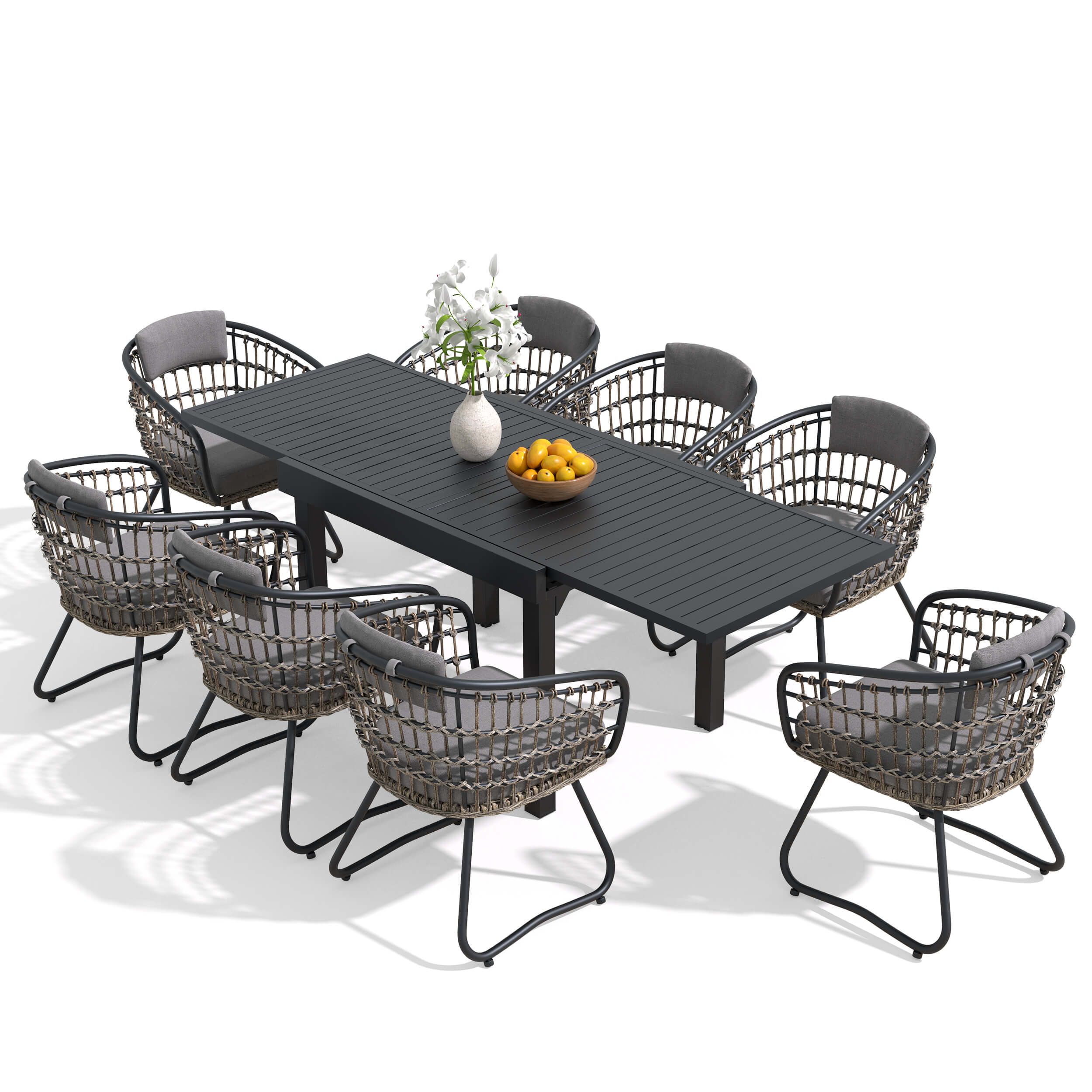 9-piece expandable patio dining set with black aluminum table and 8 grey PE rattan chairs.