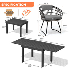 Dimensions of 41.3"-82.7" expandable patio dining table and grey PE rattan chair.