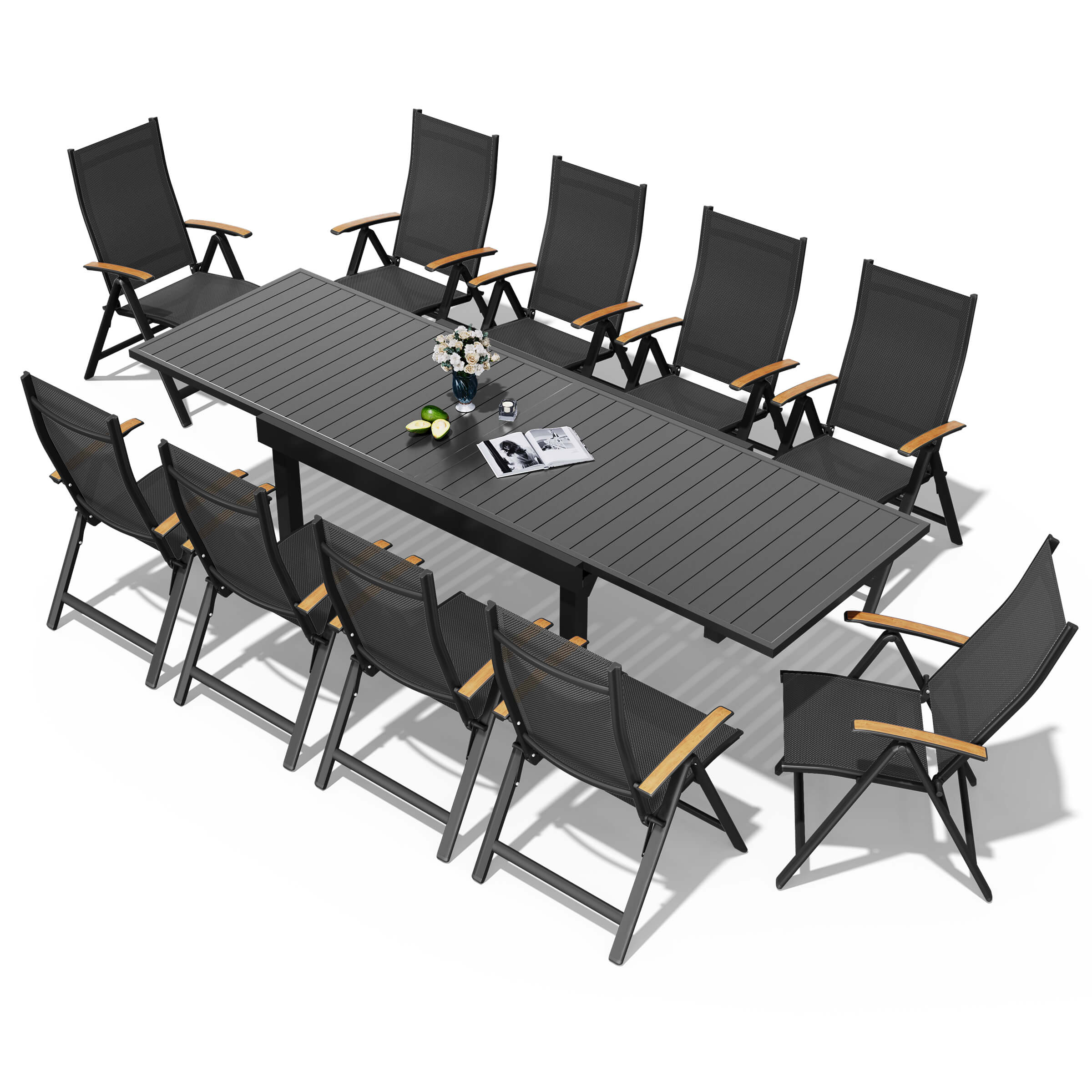 11-piece expandable patio dining set with aluminum slatted table and 10 folding Textilene chairs.