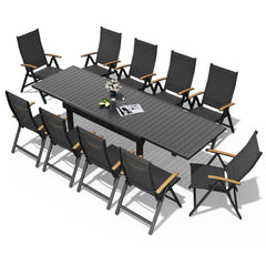 11-piece expandable patio dining set with aluminum slatted table and 10 folding Textilene chairs.