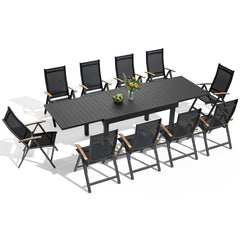 Expandable Aluminum Dining Set with Textilene & Teak Chairs