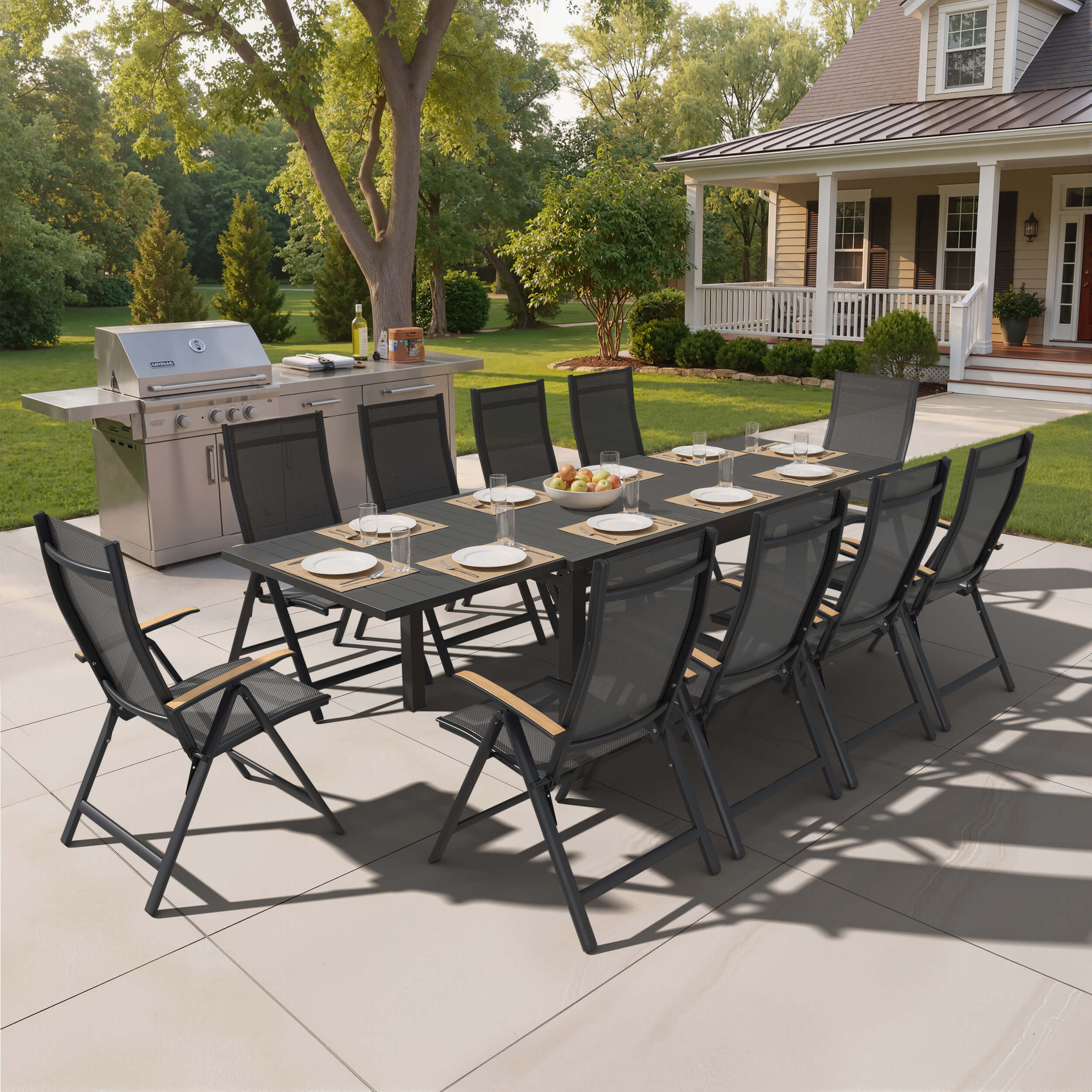 11-piece expandable patio dining set with aluminum table and 10 folding Textilene chairs on patio.